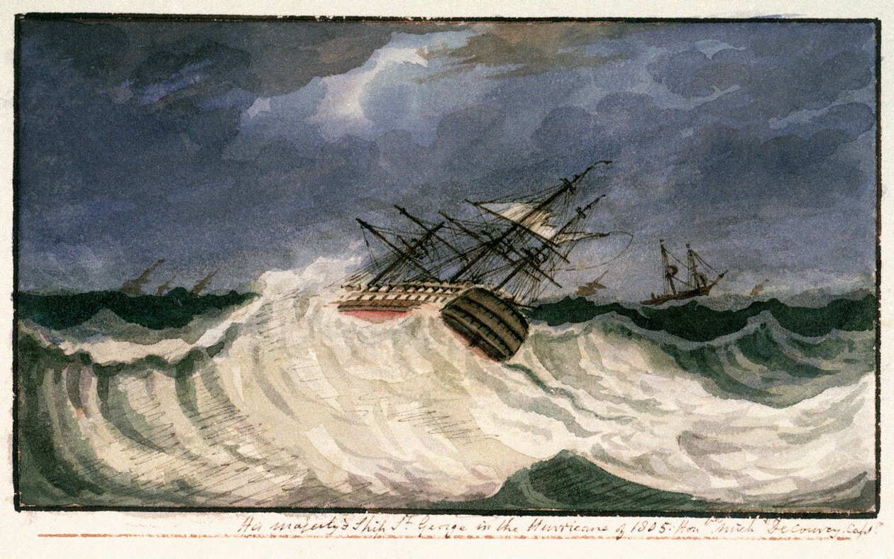 1805年のハリケーンに遭遇したセント・ジョージ号、1805年頃（水彩画） 作： エドワード・バンフィルド・イーグルス