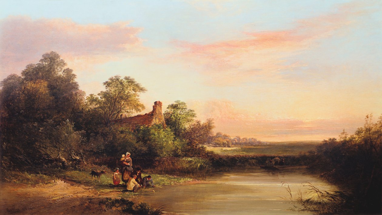 「コテージと小川のあるイギリスの風景」、1860 作： エドワード・チャールズ・ウィリアムズ