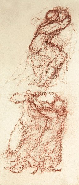 廃墟の中の愛』のための予習スケッチ（紙に赤チョークと鉛筆） 作： エドワードコーリーバーンジョーンズ