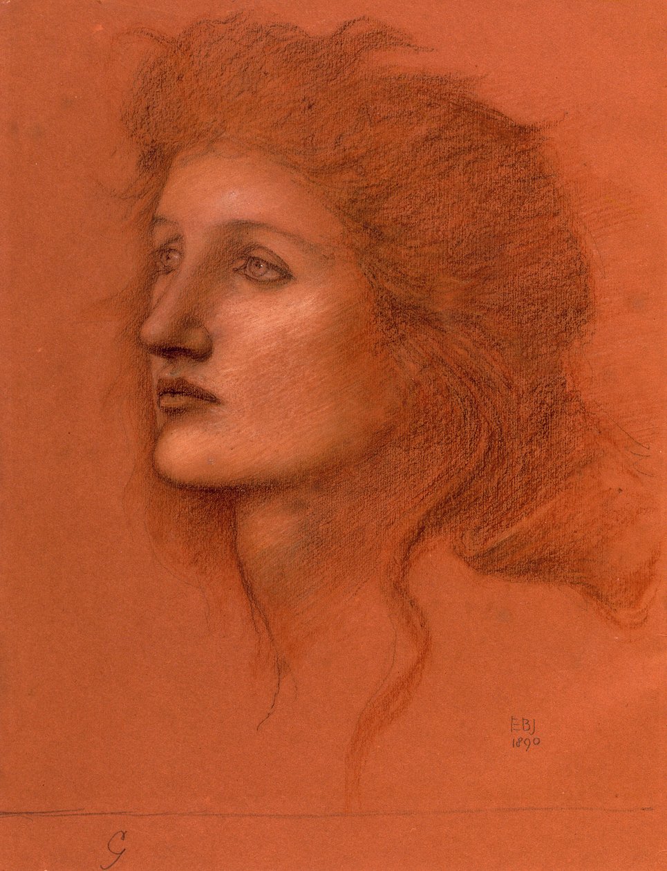 女性の頭、1890（紙にパステル） 作： エドワード・バーン・ジョーンズ