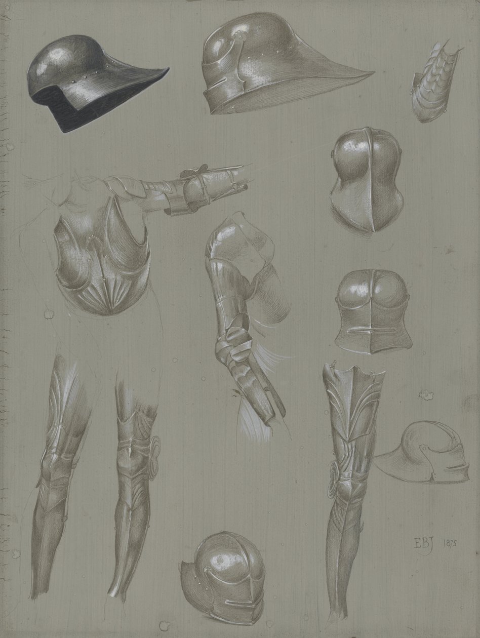 鎧のスーツの研究、1875年（紙にグラファイト、ウォッシュ、トイレ、ボディカラー） 作： エドワード・バーン・ジョーンズ