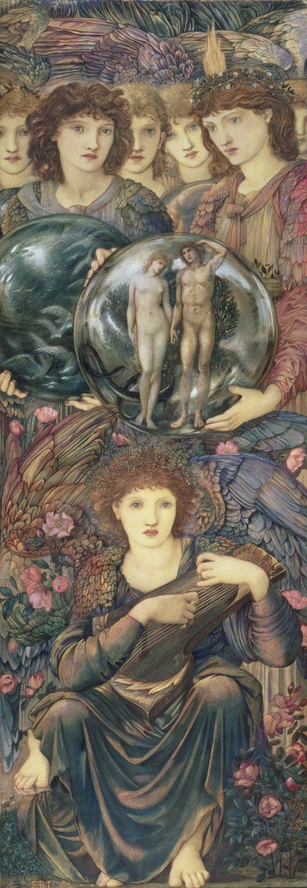 作成の日：1870-76年の第6日（リネンで覆われたパネルのトイレ、ガッシュ、シェルゴールド、プランティナムペイント） 作： エドワード・バーン・ジョーンズ