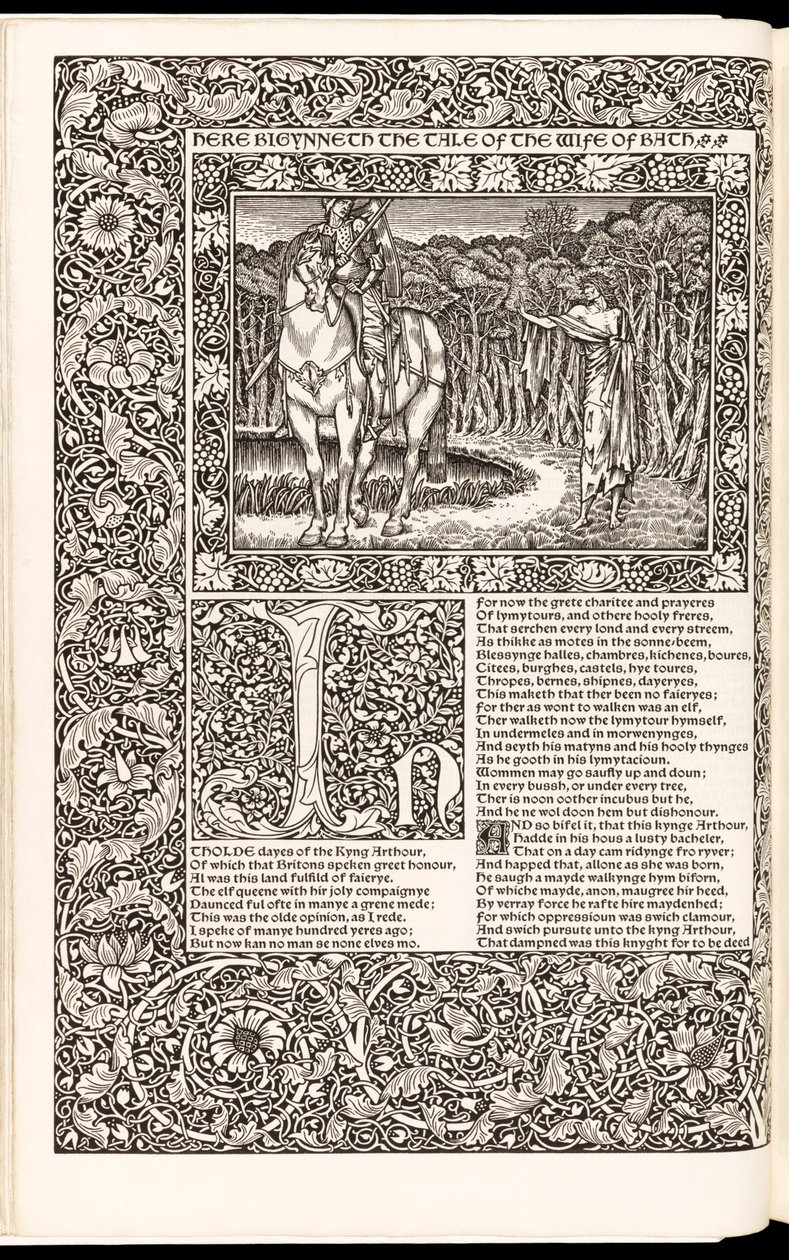 The Works of Geoffrey Chaucer Now Newly Imprinted」Geoffrey Chaucer著、1896年Kelmscott Press発行（木版）。 作： エドワード・バーン・ジョーンズ