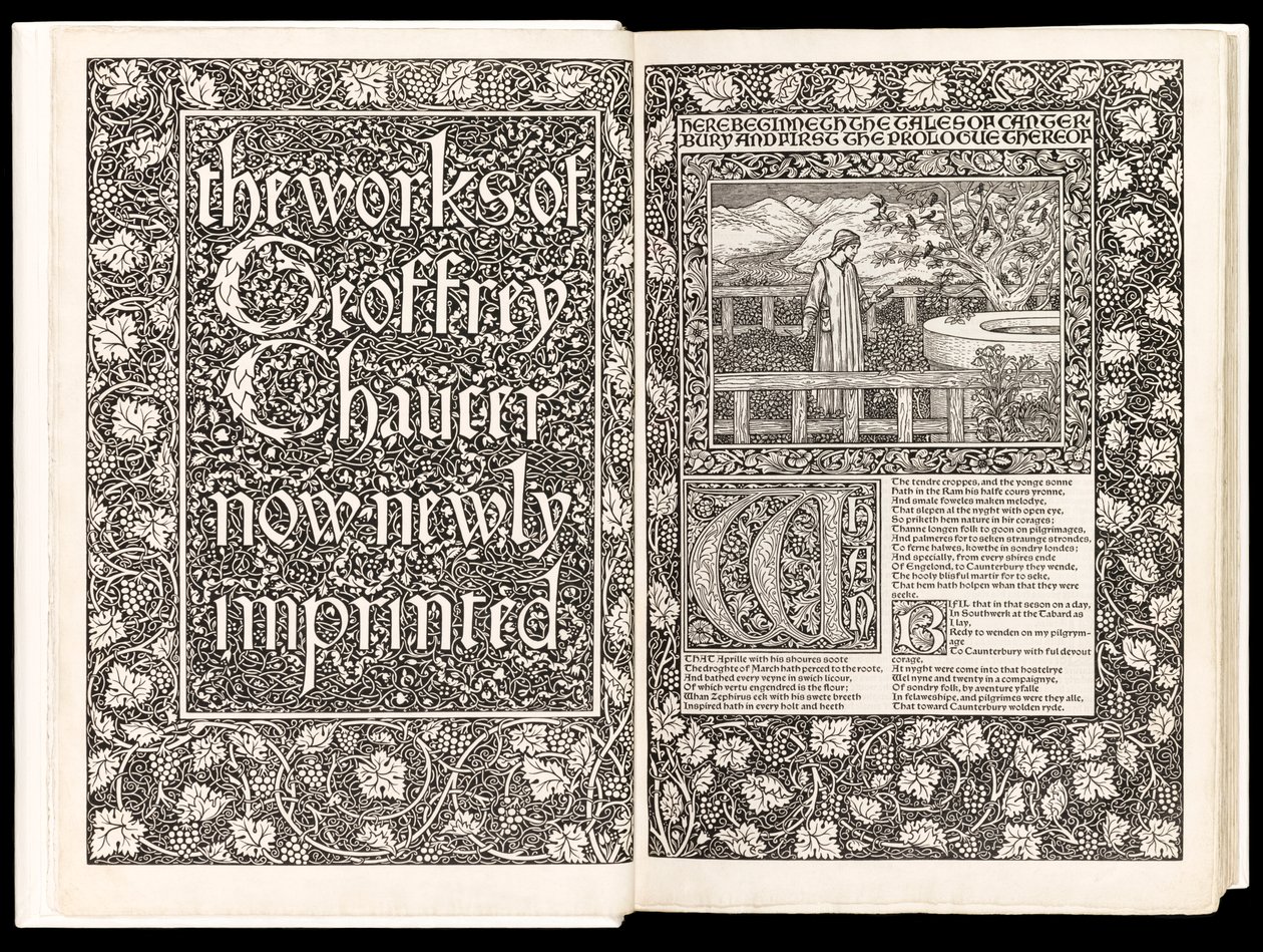 The Works of Geoffrey Chaucer Now Newly Imprinted」Geoffrey Chaucer著、1896年Kelmscott Press発行（木版）。 作： エドワード・バーン・ジョーンズ