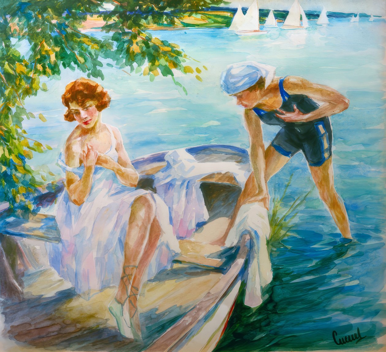 湖での夏の日、ボートに乗った2人の若い女性 作： エドワード・キュクエル