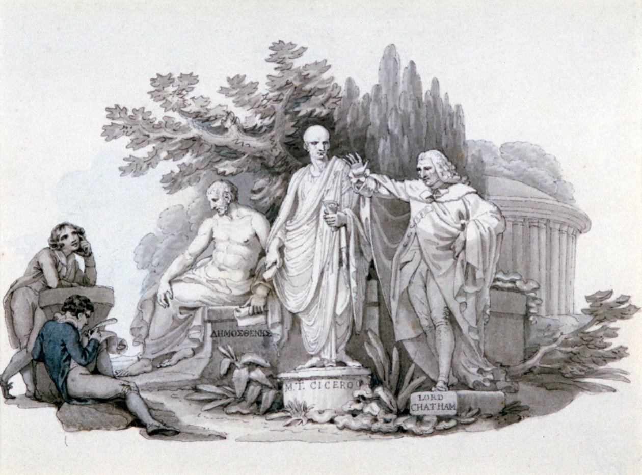 「デモステネス、キケロ、ピットの彫像を熟考する2人の若者」、c1780-1848 作： エドワード・フランシス・バーニー