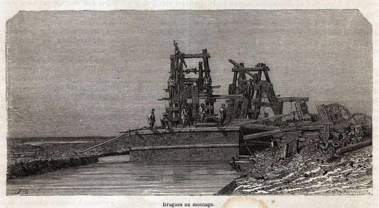 スエズ運河の浚渫船（グルネ作、1862年にポール・メルローが行ったスエズ運河への小旅行を描いたもの）。エドゥアール・シャルトン編『Le tour du monde』に掲載された図版 作： エドワード・グレネ