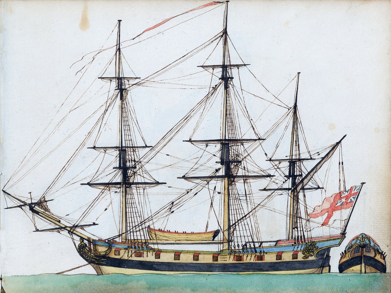20門砲のイギリス船、艤装とボートを示す、船尾の別図、1780年頃（水彩、ペン・インク） (watercolour, pen  ink ) 作： エドワード・グウィン