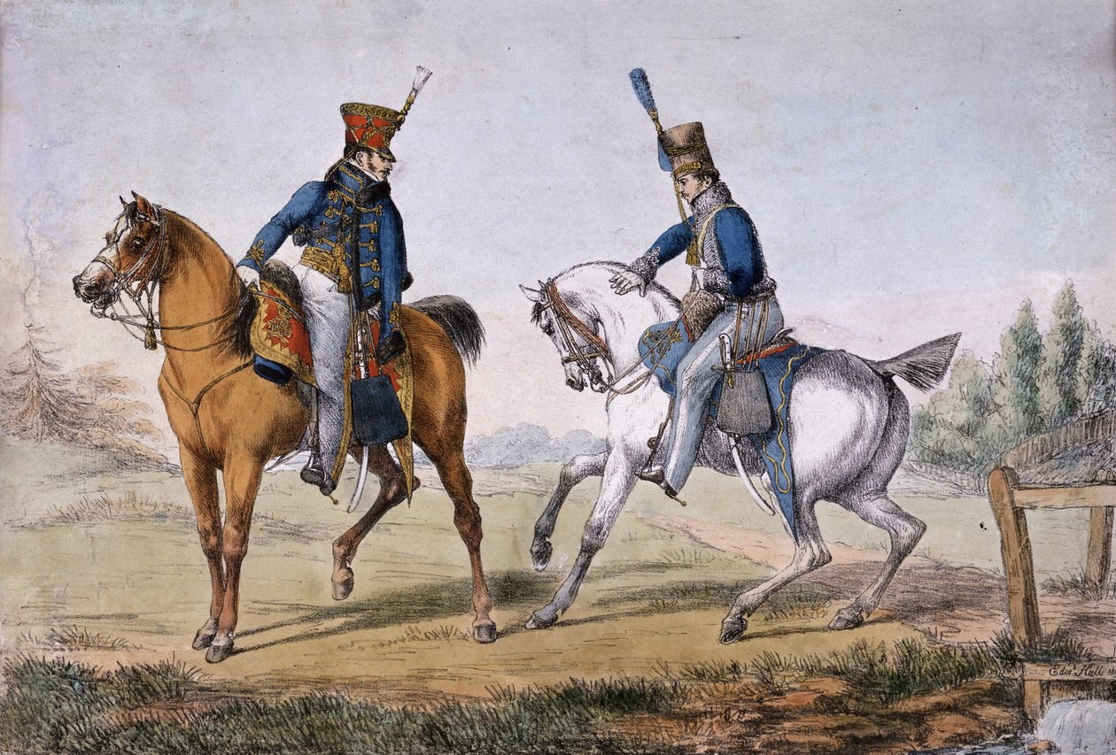 アッカーマンの石版印刷、1819（色付きのリソ）によって発行された10と18のHussarsの役員 作： エドワード・ハル