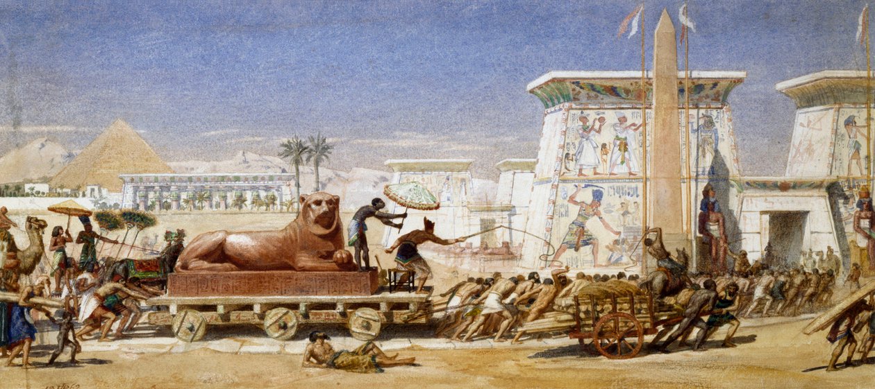 古代エジプト神殿へのライオン像の運搬 戦車を引く奴隷たち