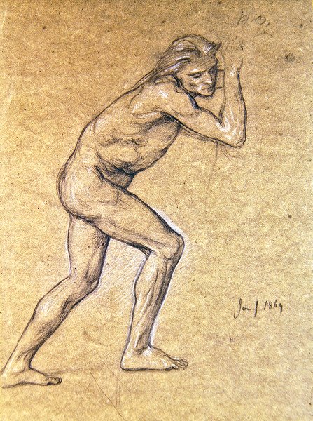 放浪者の帰還のための男性のヌードの研究、1869年（紙にチョーク） 作： エドワード・ジョン・ポインター
