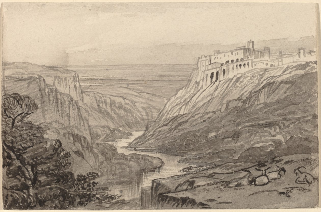 イタリア、ナルニ川の峡谷で休むヤギ、1884～1885年。 作： エドワード・リア