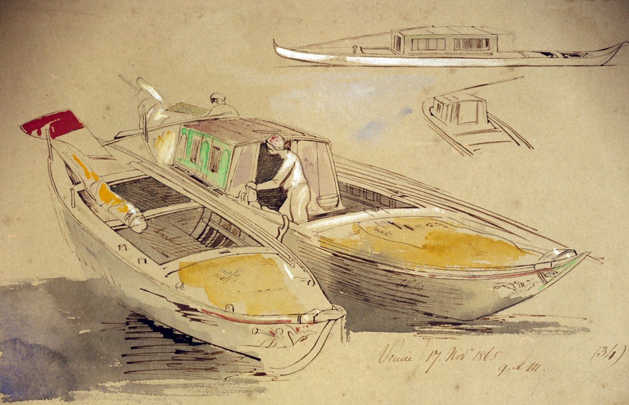 海岸に浮かぶヴェネチアン・ボートの習作。エドワード・リア（1812-1888）による水彩画。 作： エドワード・リア