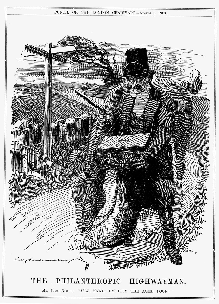 David Lloyd George (1863-1945) ウェールズ生まれのイギリスの自由主義政治家。1908年、大蔵大臣としてロイド・ジョージは老齢年金法を導入した。エドワード・リンリー・サンボーンによる漫画（1908年8月、ロンドンの『パンチ』より 作： エドワード・リンリー・サンボーン