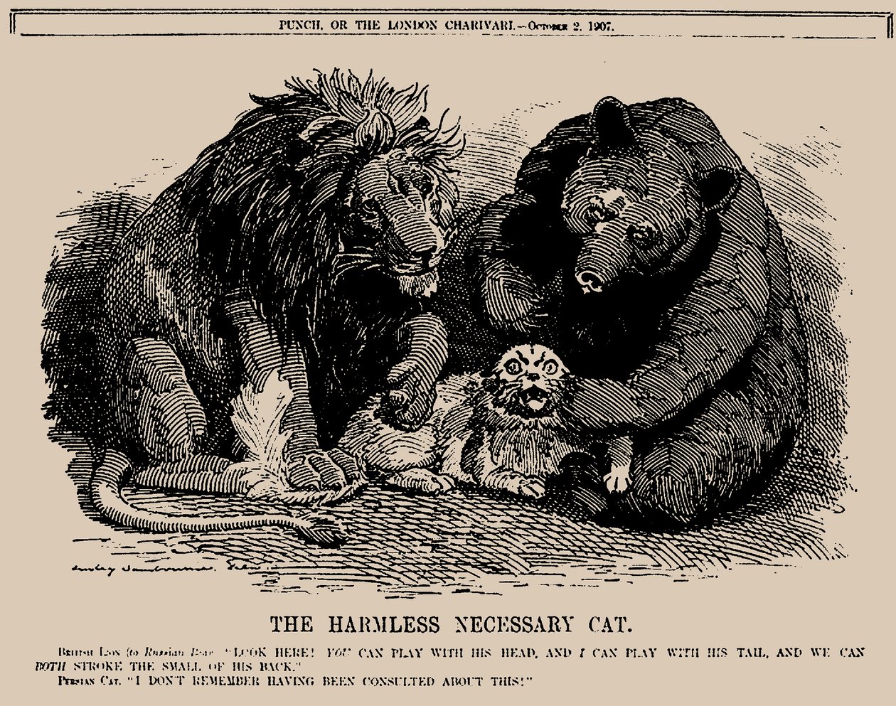 無害な必要な猫。 パンチ、1907 年 10 月 2 日、1907 年。 作： エドワード・リンリー・サンボーン