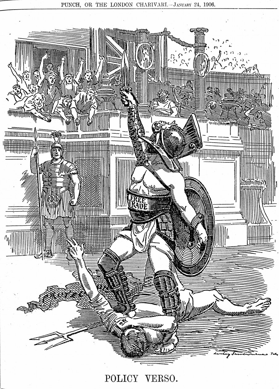 1905年12月に英国で自由党政権が復活すると、保守党の関税による保護政策ではなく、自由貿易政策がとられるようになりました。エドワード・リンレイ・サンボーンの漫画（1906年1月24日付『パンチ・ロンドン』より 作： エドワード・リンリー・サンボーン