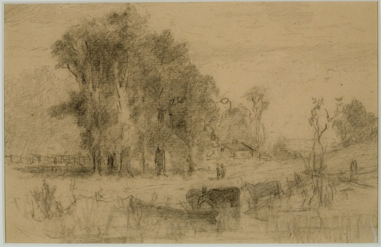 風景、手漕ぎボート、牛 (#57) C. 1880 (紙にグラファイト) 作： エドワード・ミッチェル・バニスター