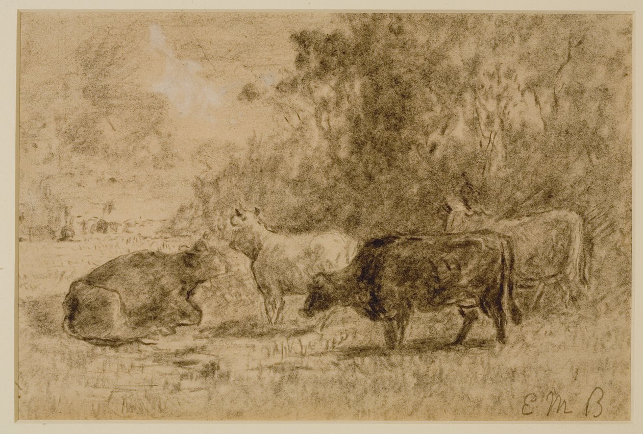 4 頭の牛のいる風景、c. 1880年代（紙に木炭） 作： エドワード・ミッチェル・バニスター