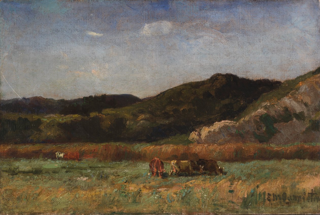 牛が放牧されている無題の風景、丘、1891年。 作： エドワード・ミッチェル・バニスター