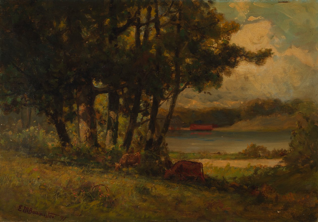 1891 年、川の近くで牛が放牧されている無題の風景。 作： エドワード・ミッチェル・バニスター