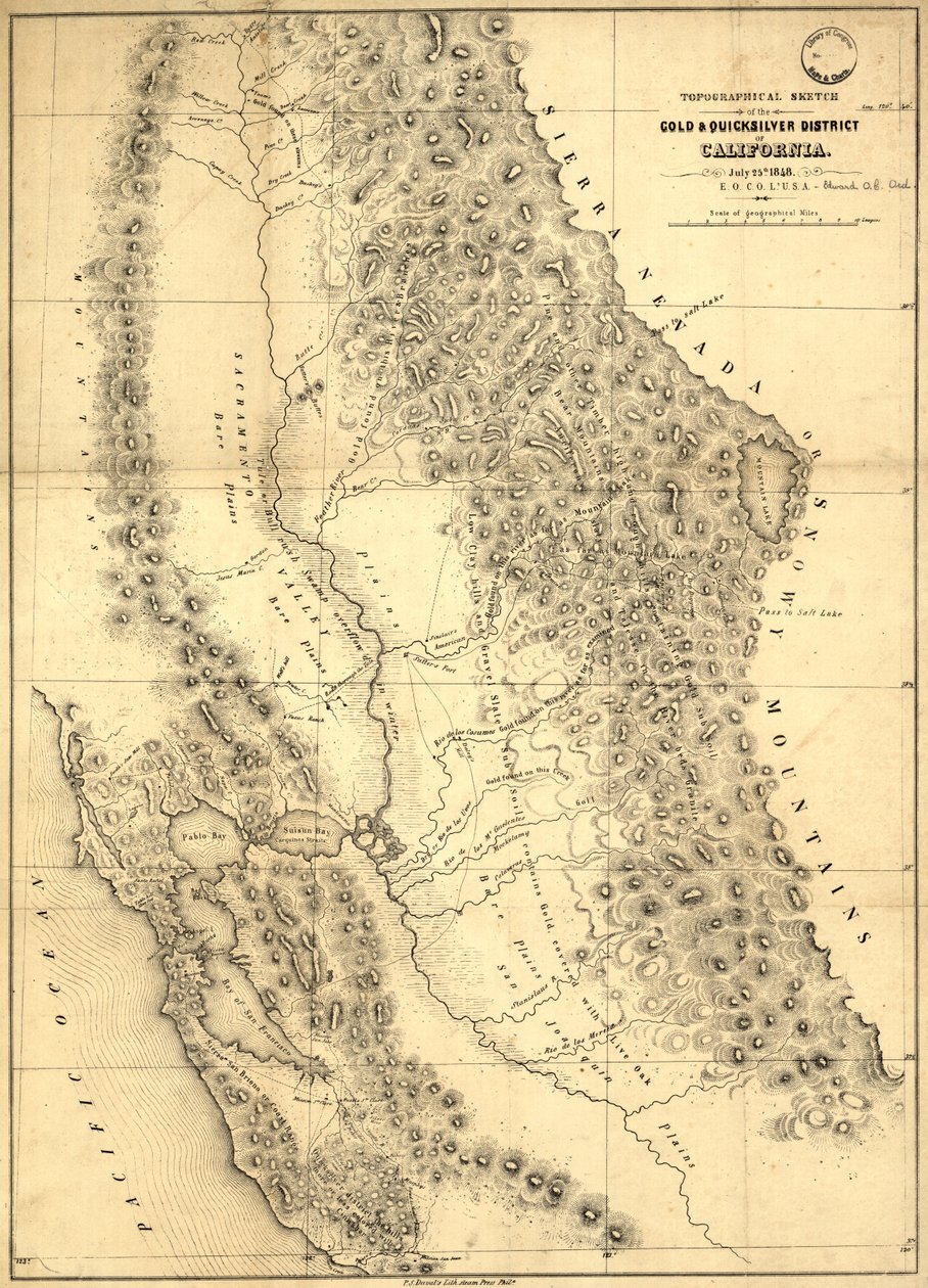 カリフォルニア州のゴールド＆クイックシルバー地区の地形図、1848年 作： エドワードオトクレサップオード