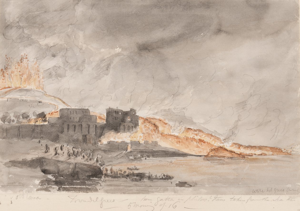 ヴェスヴィオ火山の噴火、1794年（紙に鉛筆とトイレ） 作： エドワード・スウィンバーン