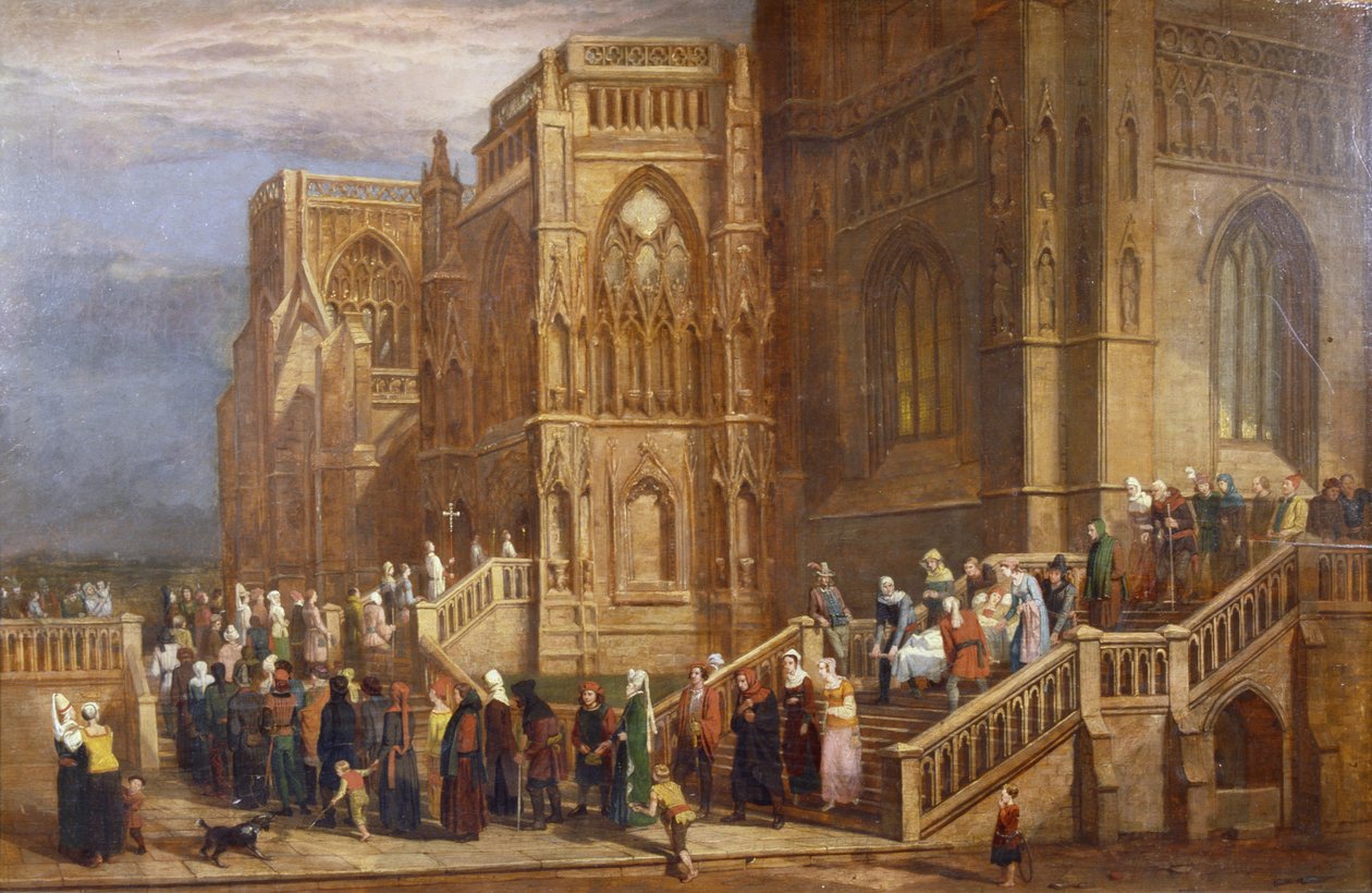 セントメアリーレッドクリフの外の巡礼者の行列、c.1825-30（パネルに油彩） 作： エドワード・ヴィリエ・リッピング