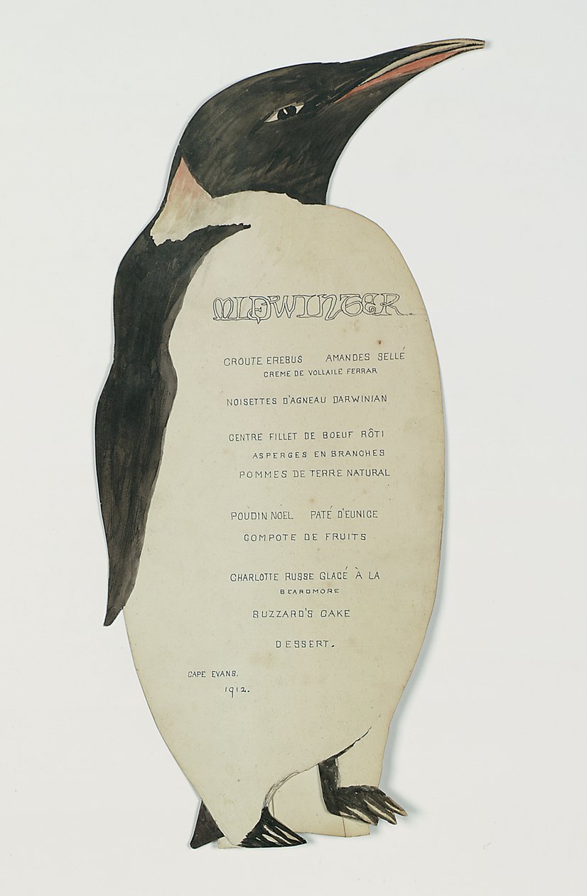 1912年6月22日、ケープエバンスの真冬の日の夕食のための皇帝ペンギンの形のメニュー（カードにペンとガッシュ） 作： エドワード・W・ネルソン