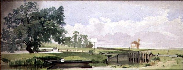 錠前のある川辺の風景」1860年頃（紙に水彩、鉛筆） 作： エドワード・W・ロビンソン