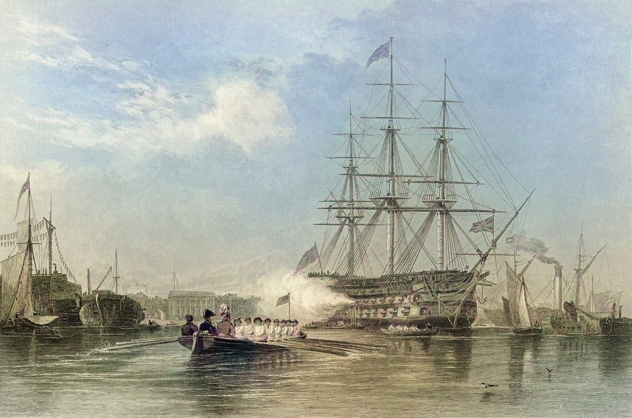 イギリスのゴスフォード港で敬礼するイギリス海軍の旗艦。 19 世紀 (彫刻) 作： エドワードウィリアム（後）クック