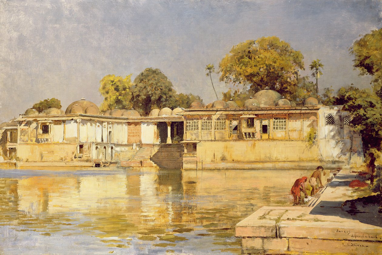 インド、アーメダバード近郊のサルケの宮殿と湖、1882年〜83年 作： エドウィンロードウィーク