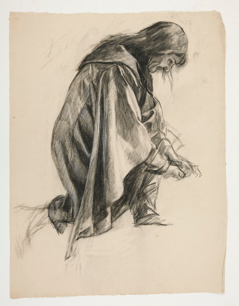 The Quest of the Holy Grail (1901 年に完成したボストン公立図書館のための 15 の絵画シリーズの 2 番目) からのランスロット卿とボールス卿の服装のガラハッドと彼の拍車 (?) のフィギュアスタディ 作： エドウィン オースティン アビー