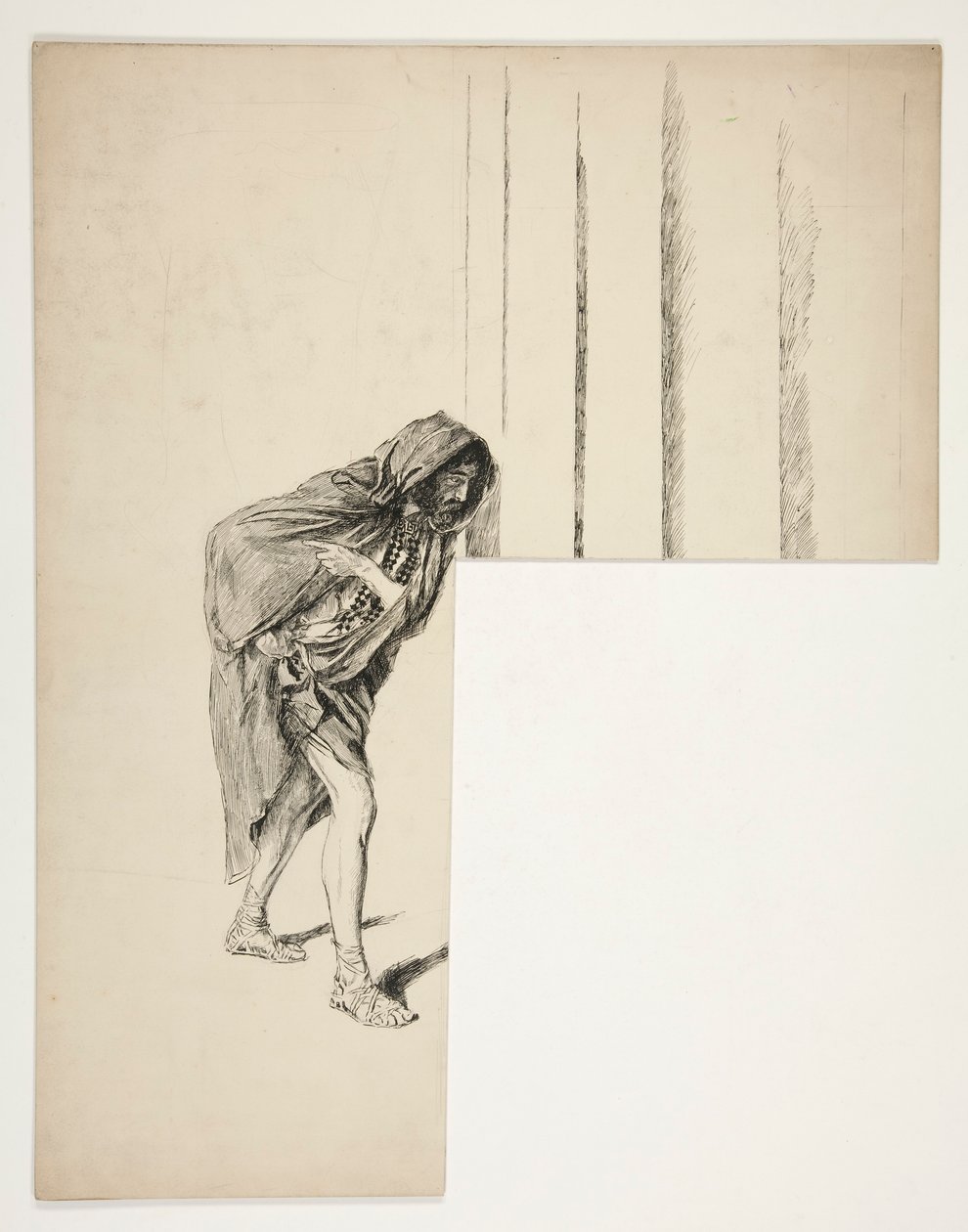 Walking man in cloak, sketch for an unidentified Shakespeare play   1348159   ja       japanese Successfully Translated  Original: Flemish tapestry. Military camp near the river Granikos (Het legerkamp bij de rivier Granikos). Atelier of Oudenaarde. 377x39 作： エドウィン オースティン アビー