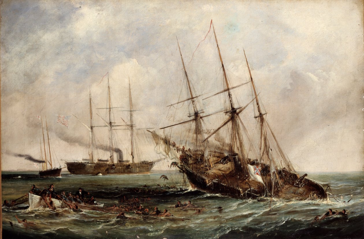 1864年6月19日、米国のアイアンクラッドカーサージュによる南軍スチーマーアラバマの破壊 作： エドウィン・ヘイズ
