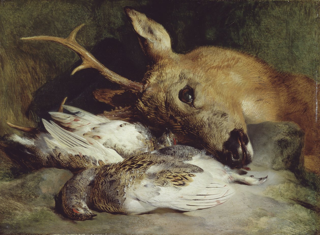Roebuck と 2 つのライチョウの頭、c。 1830年。 作： エドウィン・ヘンリー・ランドシーア