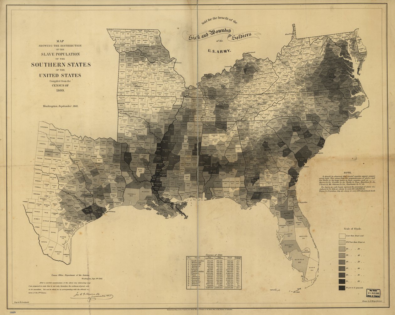 1860年の国勢調査から編集された、アメリカ合衆国南部州の奴隷人口の分布を示す地図 作： エドウィン・エルジェスハイマー