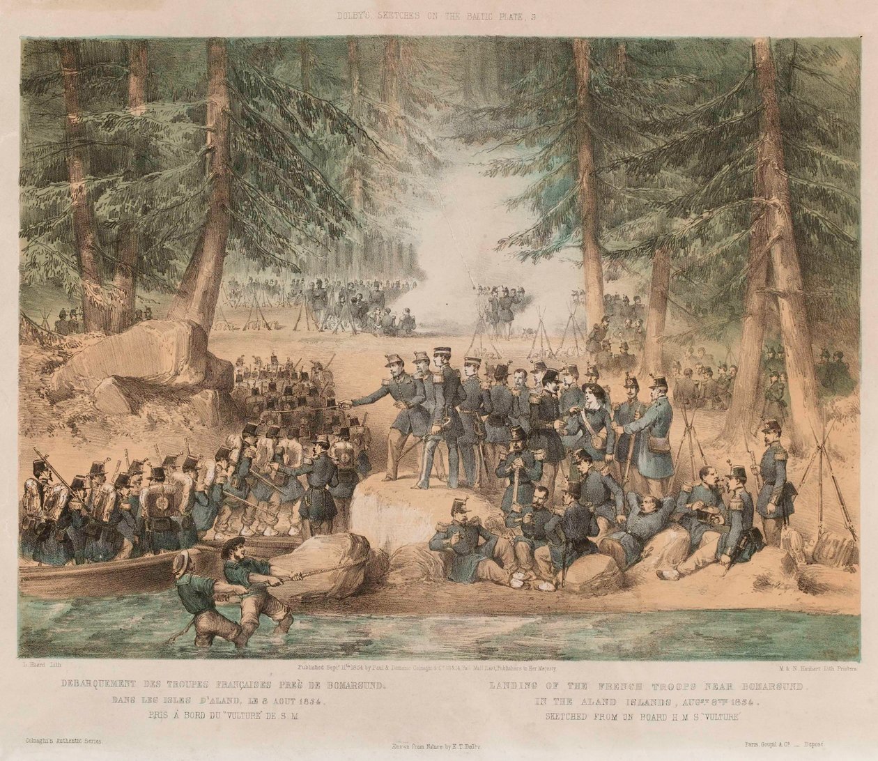 1854 年 8 月 8 日、オーランド諸島のボマルスン付近にフランス軍が上陸 (リトグラフ、彩色) 作： エドウィン・トーマス（後）ドルビー