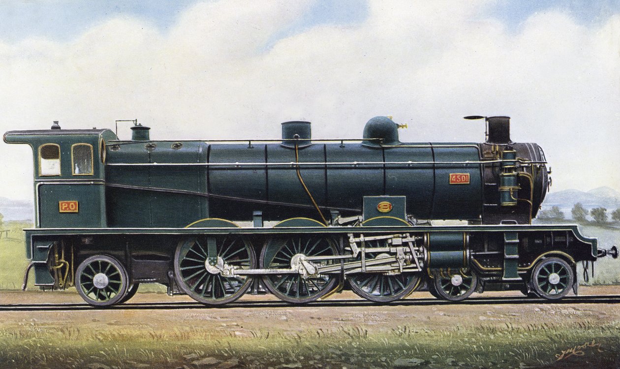 2 つの共和国の製品: 「パシフィック」型蒸気機関 No. 4501、パリ - オルレアン鉄道。 1910年（石版） 作： エドウィントーマスラッド