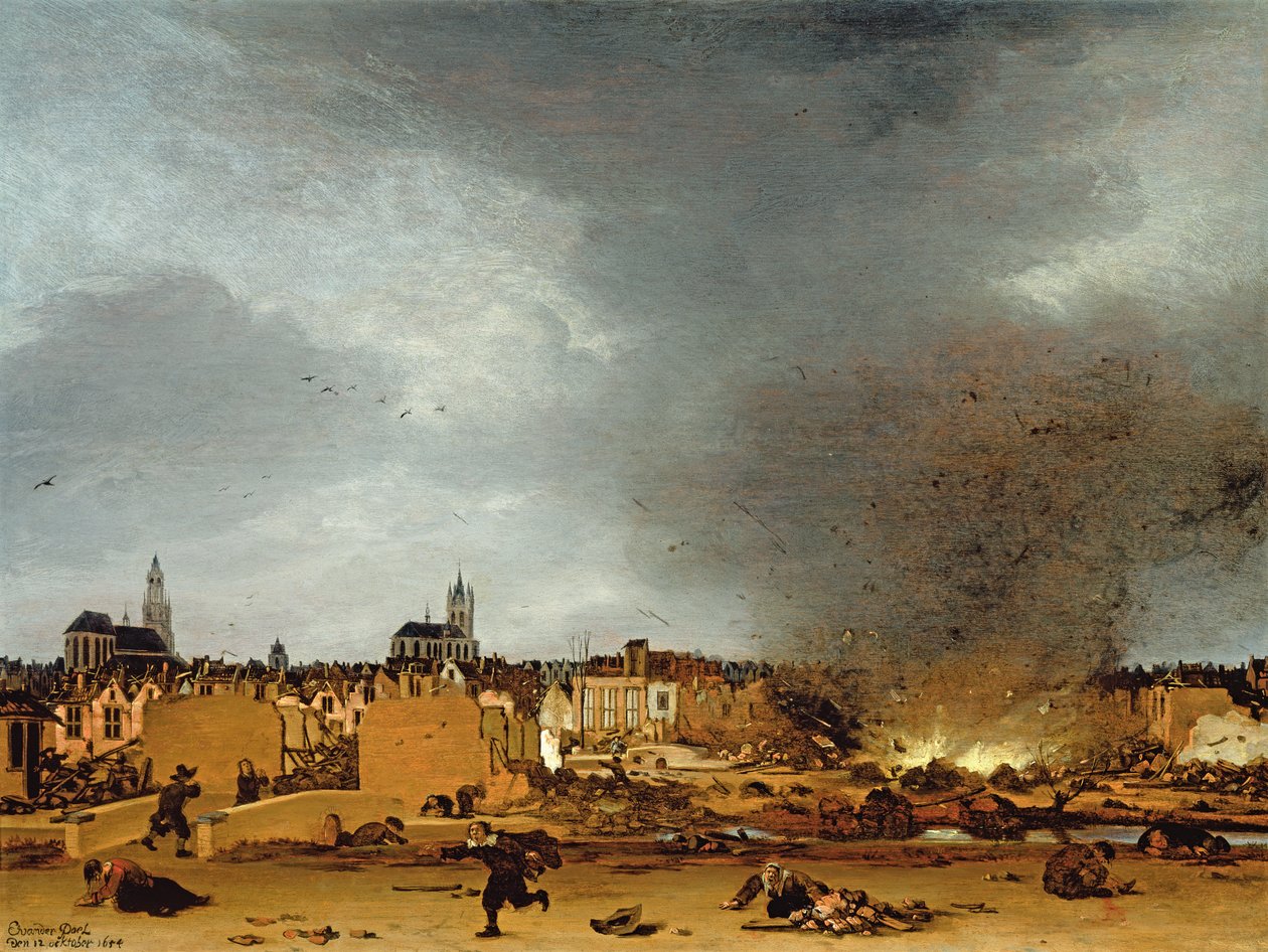 1654年、1654年の爆発によるデルフトの眺め 作： エグバート・ファン・デル・ポエル