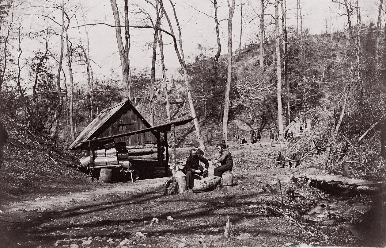 [南軍から火薬を取り出すために設立されたジェームズ・リバーのユニオン・ステーション...1864年 作： Egbert Guy Fowx