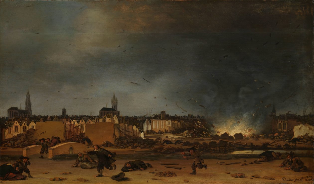 1654 年 10 月 12 日のデルフトでの火薬庫の爆発 作： Egbert Lievenszファンデルポエル