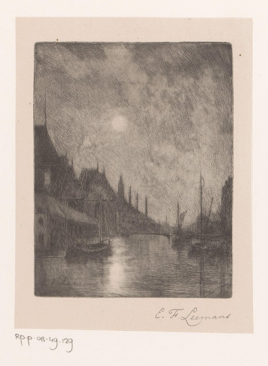 夜の街の川の眺め 作： EgideFrançoisLeemans（アーティストによる署名）