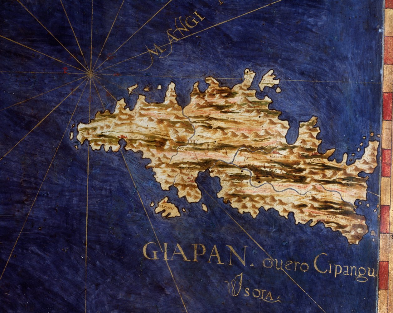 日本（シパングまたはシパンゴ） エグナツィオ・ダンティ（1536-1586）は数学者、宇宙学者、イタリア人建築家として知られている。1567年頃。フィレンツェ、ヴェッキオ宮殿、マッパモンドの部屋（Sala del Mappamondo 作： エグナツィオダンティ