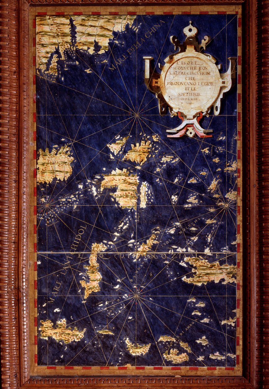 数学者、宇宙飛行士、イタリア人建築家のエグナツィオ・ダンティ（1536-1586）が作成したモルッカ諸島の地図。1567年頃。フィレンツェ、ヴェッキオ宮殿、マッパモンドの部屋（Sala del Mappamondo 作： エグナツィオダンティ