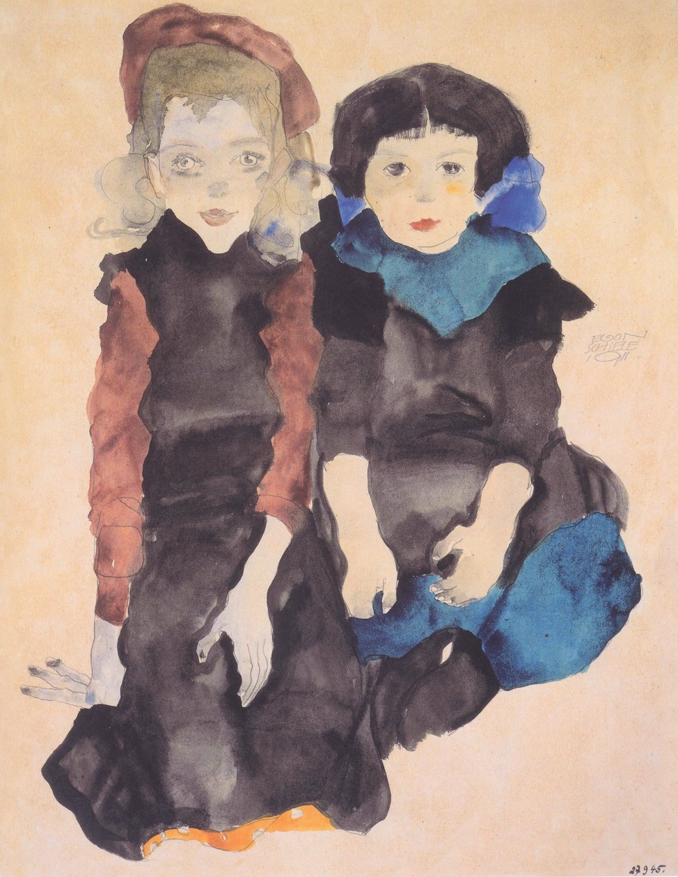 2人のしゃがむ女の子 作： エゴンシーレ