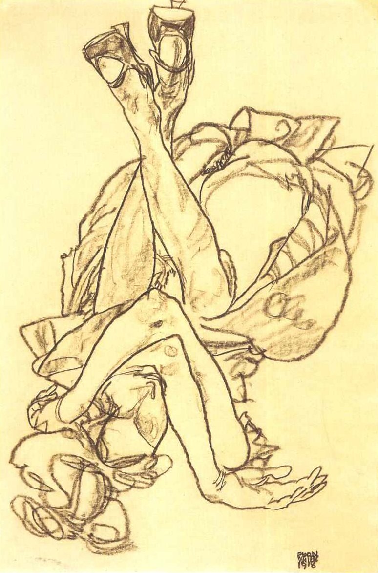 組んだ腕と脚で彼女の背中に横たわっている女の子 作： エゴンシーレ