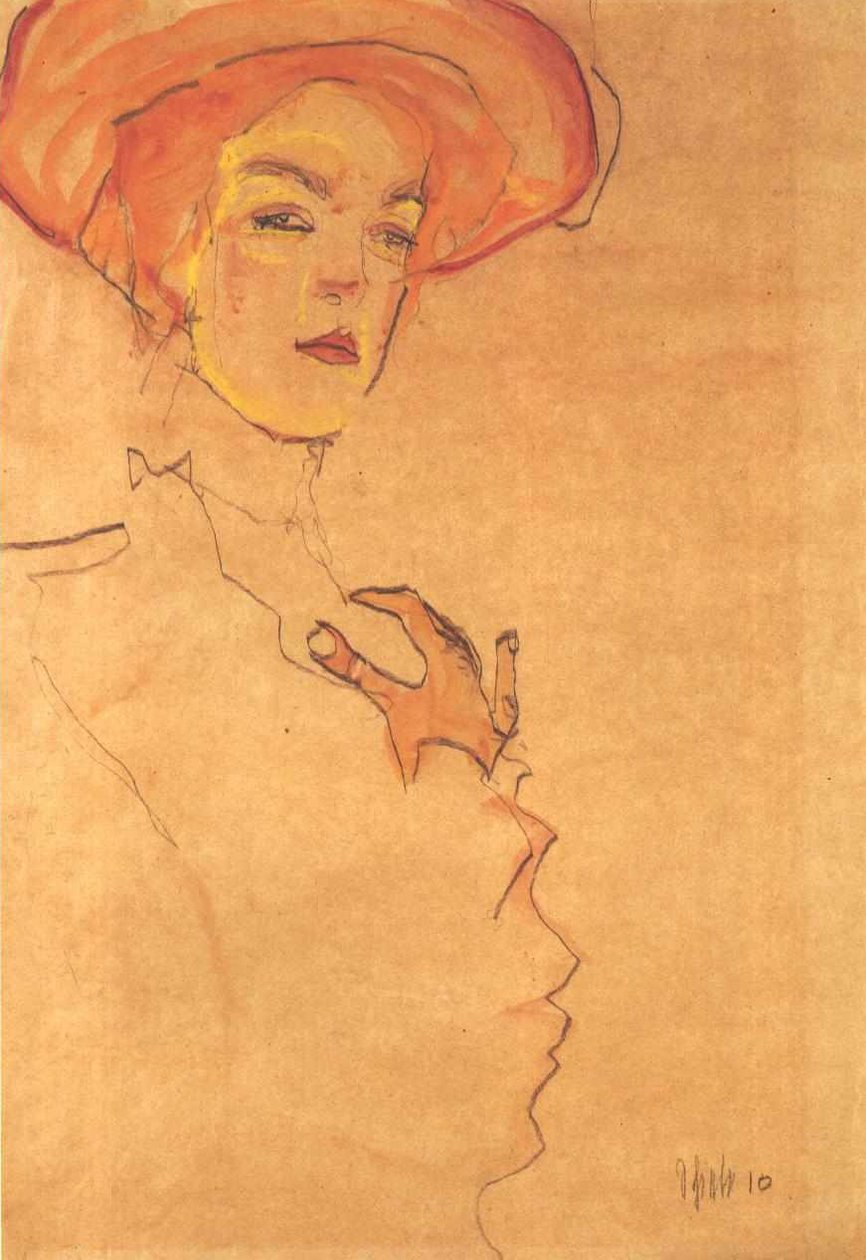 オレンジ色の帽子を持つ女性の肖像画 作： エゴンシーレ