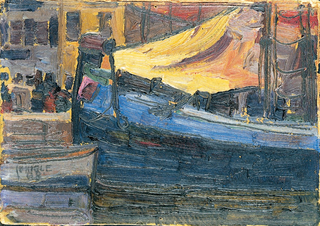 1908年に家の壁を背景にしたアンカーボート 作： エゴンシーレ