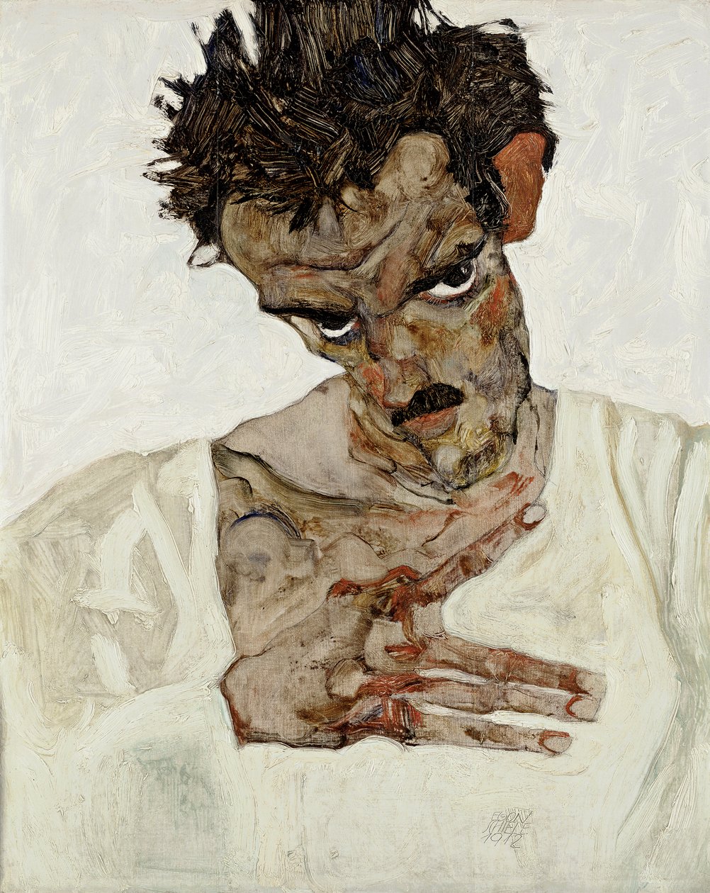 頭を下げた自画像。 エゴン・シーレ（1890-1918）による絵画、木に油彩 作： エゴンシーレ