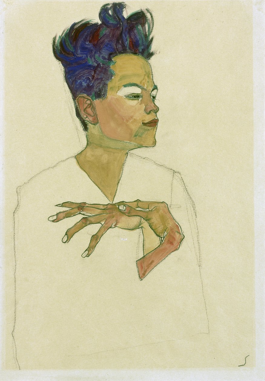 胸に手を当てた自画像。 (胸に手を置いた自画像)。 エゴン・シーレ (1890-1918) の作品、紙に水彩とチョーク 作： エゴンシーレ